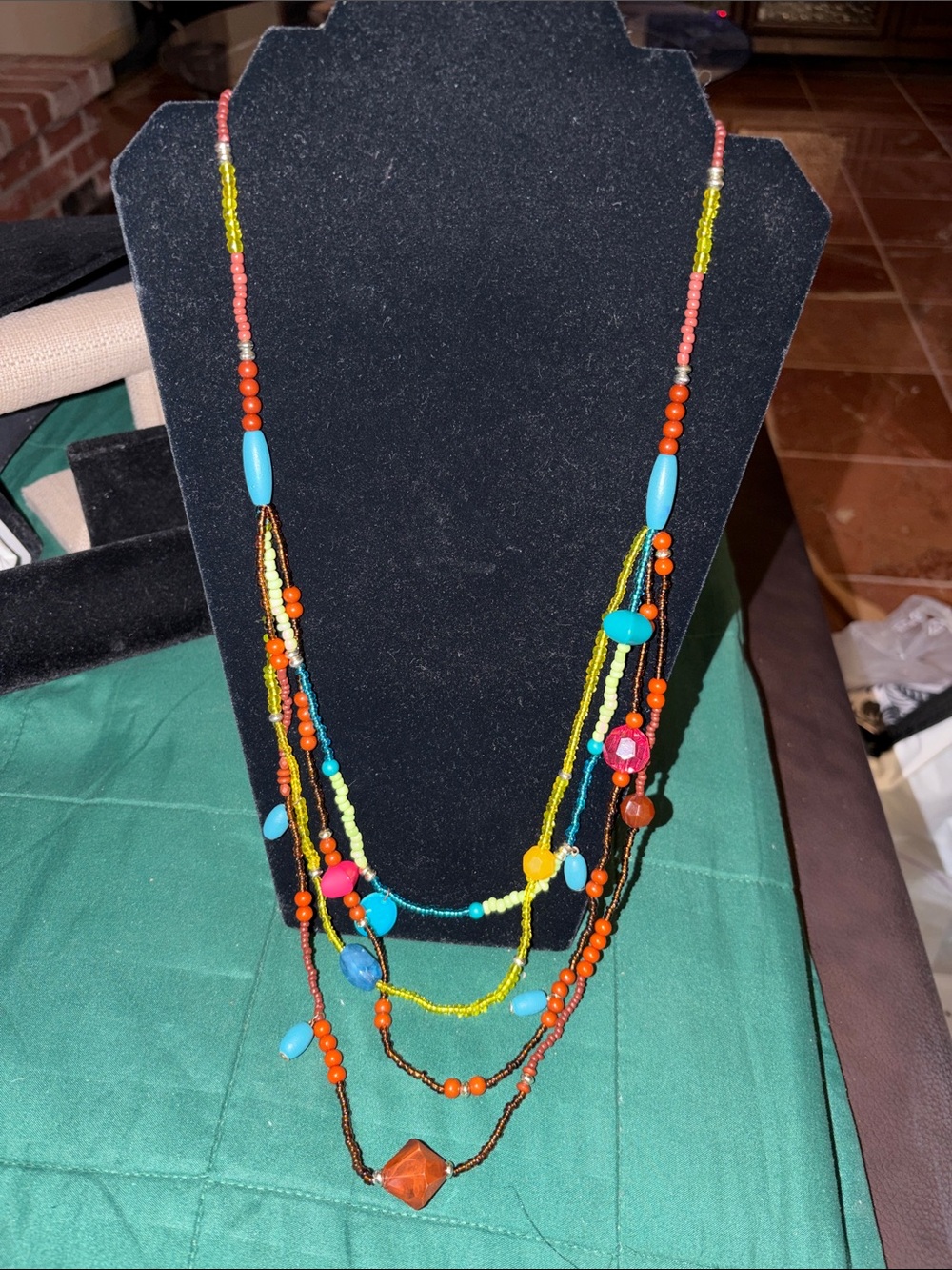 🤎❤🩵Colorful Beaded Long 5 Strand Necklace Red, Brown, Aqua & Clear One Size